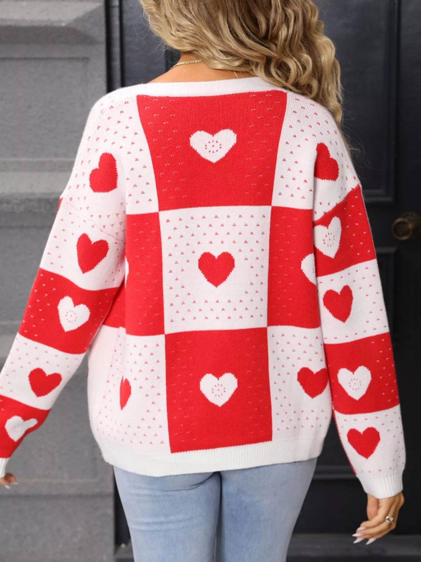Valentine's Day Red & White Boxes Heart Pattern Knit Cardigan
