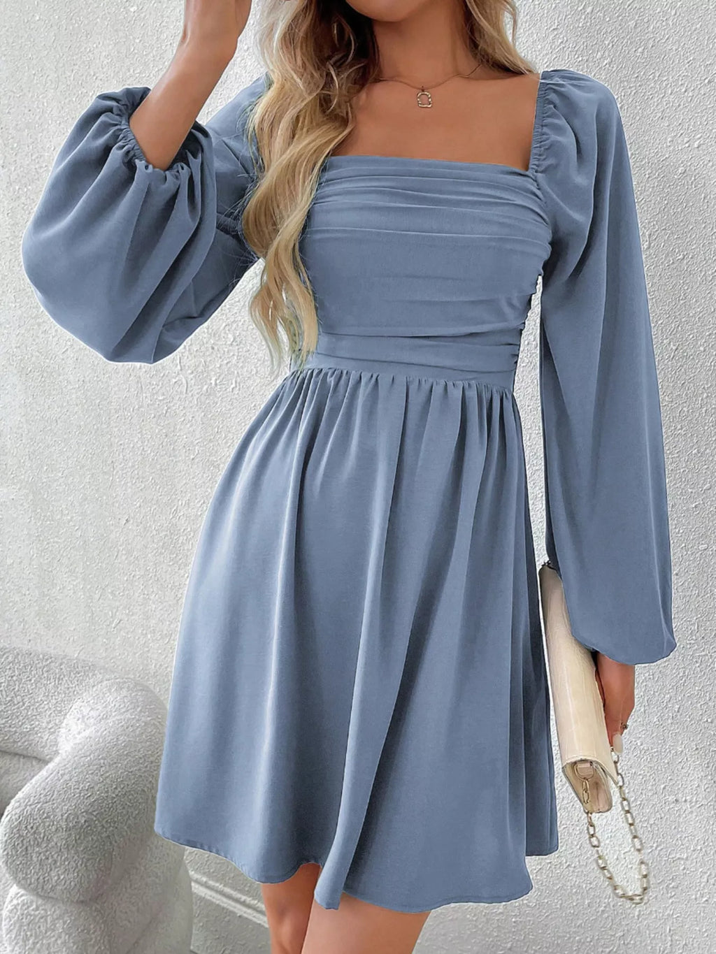 Grey Ruched Long Sleeve A-Line Dress