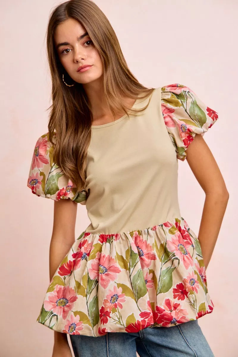 Shop BiBi Floral Printed Bubble Sleeves and Hem 