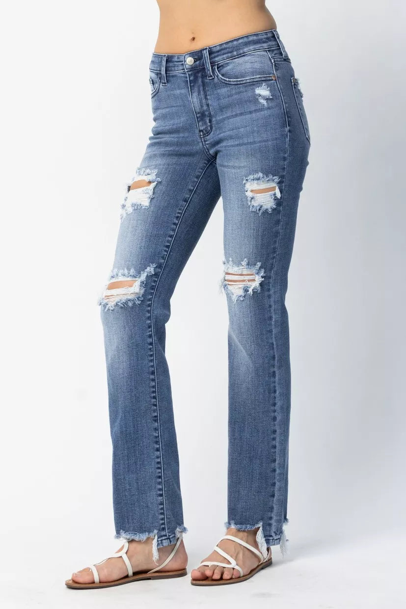 Judy Blue Full Size Mid Rise Destroy Straight Jeans