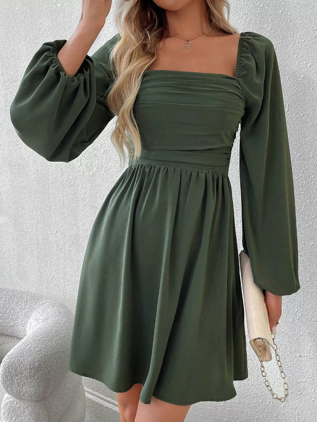 Ruched Neck Long Sleeve A-Line Dress