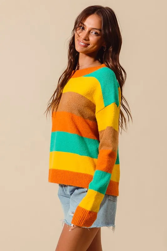 Shop SO ME Multi Color Stripe Sweater with Ribbed Detail