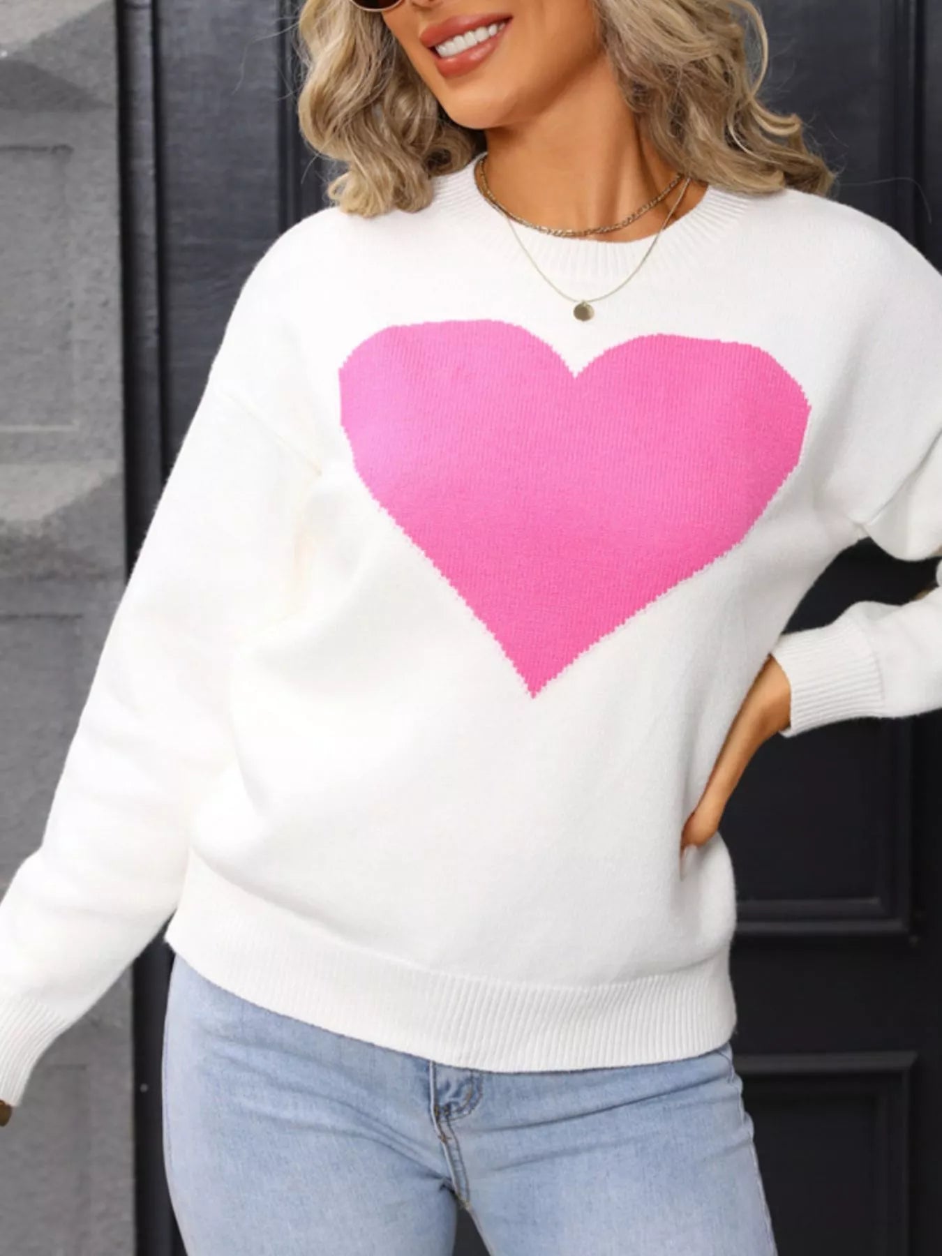  Heart Round Neck Dropped Shoulder Sweater