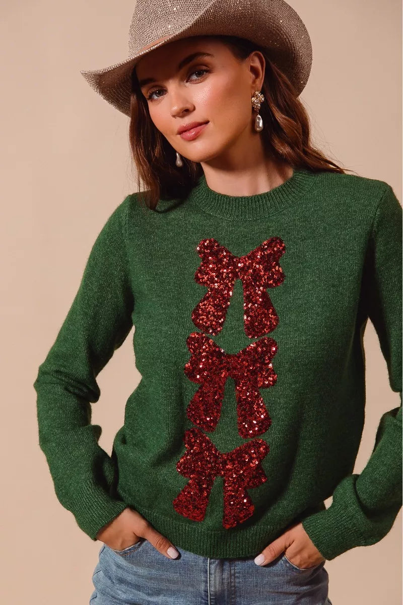  Bow Ribbon Embellished Christmas Sweater