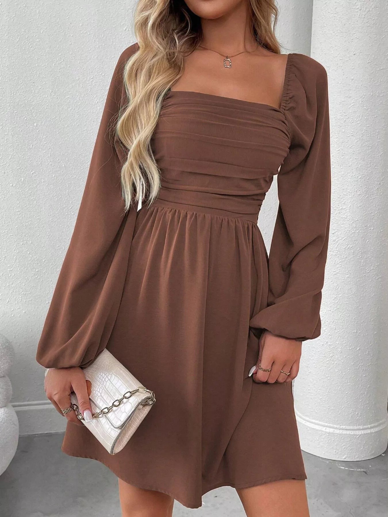 Brown Neck Long Sleeve A-Line Dress