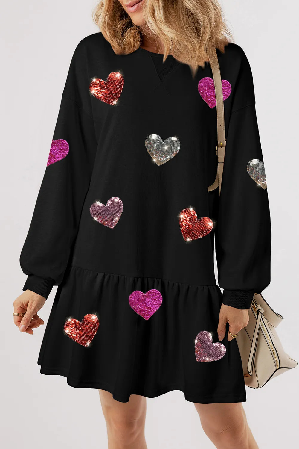 Sequin Heart Round Neck Long Sleeve Mini Dress (Black)