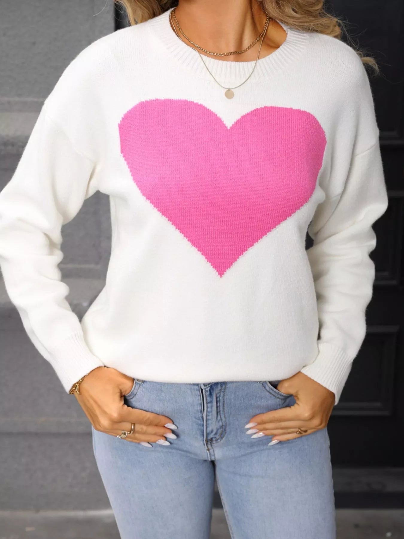 Valentine's Day Pink Heart Round Neck Dropped Shoulder Sweater 