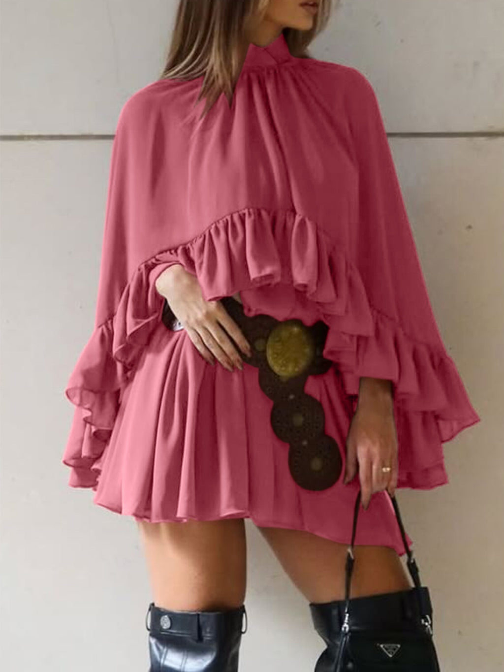 Shop Ruffle Trim High Neck Mini Dress