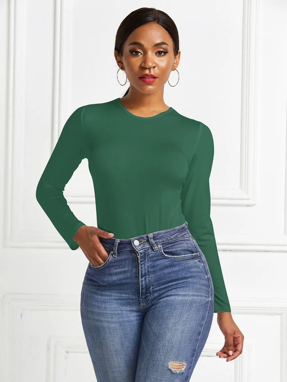 Green Round Neck Long Sleeve Bodysuit