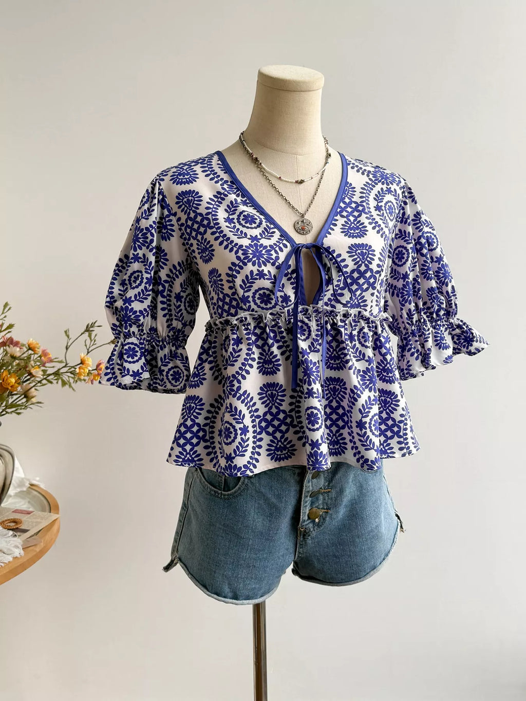 Floral Print Tie-Front Blouse for Womens