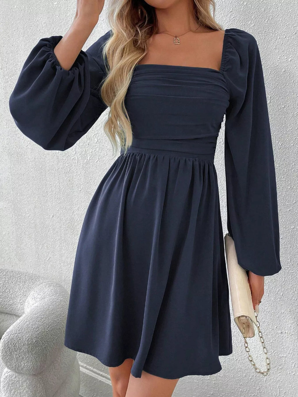 Blue Ruched Square Neck Long Sleeve A-Line Dress