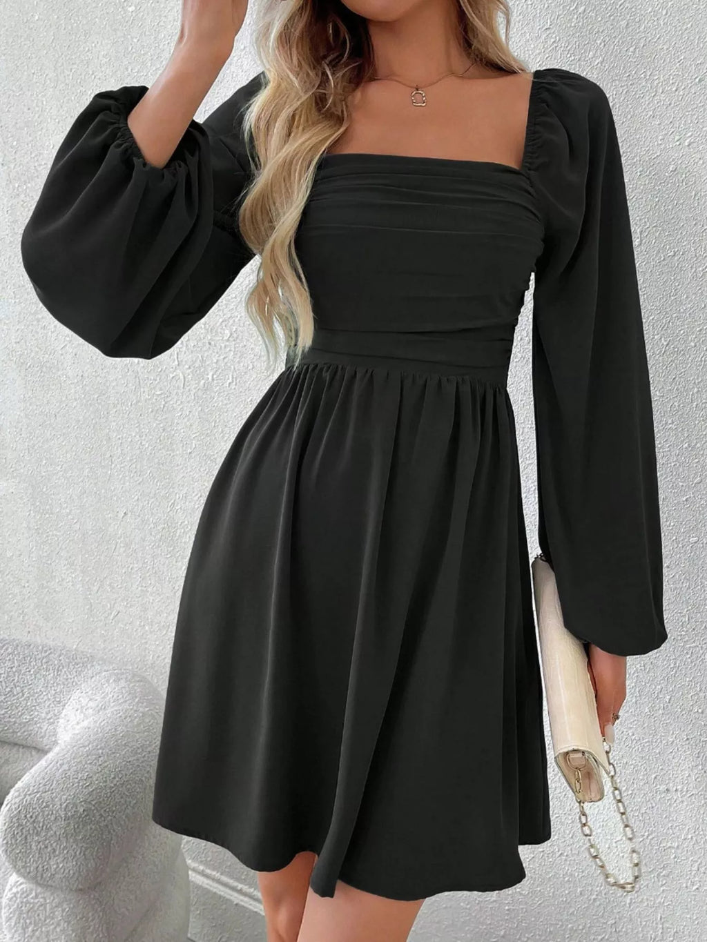 Black Ruched Square Neck Long Sleeve A-Line Dress