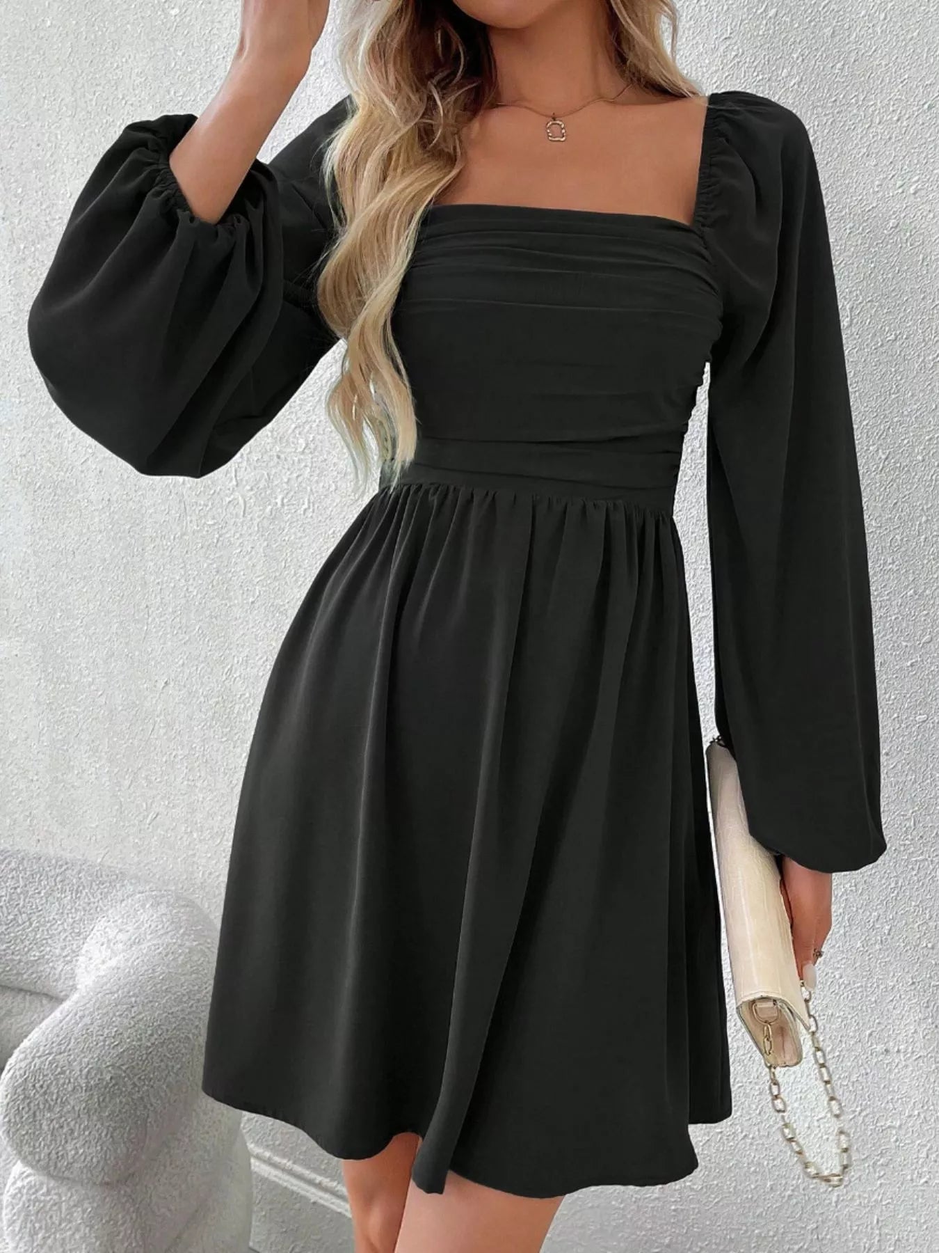 Black Ruched Square Neck Long Sleeve A-Line Dress