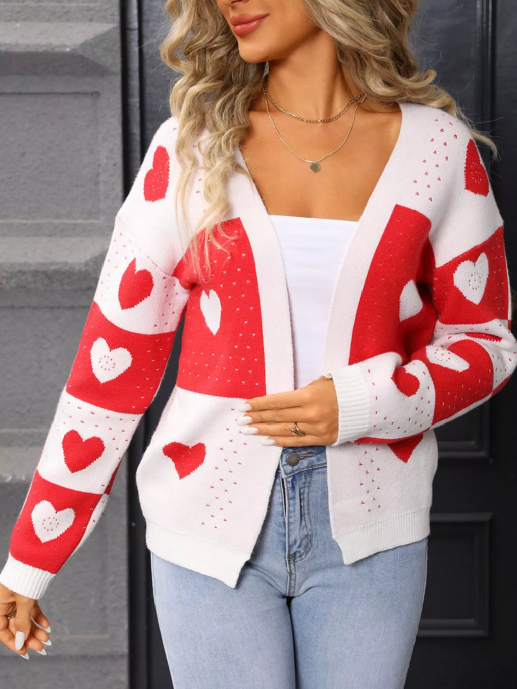 Shop Valentine's Day Heart Pattern Knit Cardigan