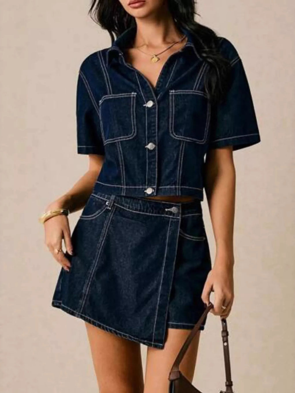 Sleeve Top and Skort Denim Set