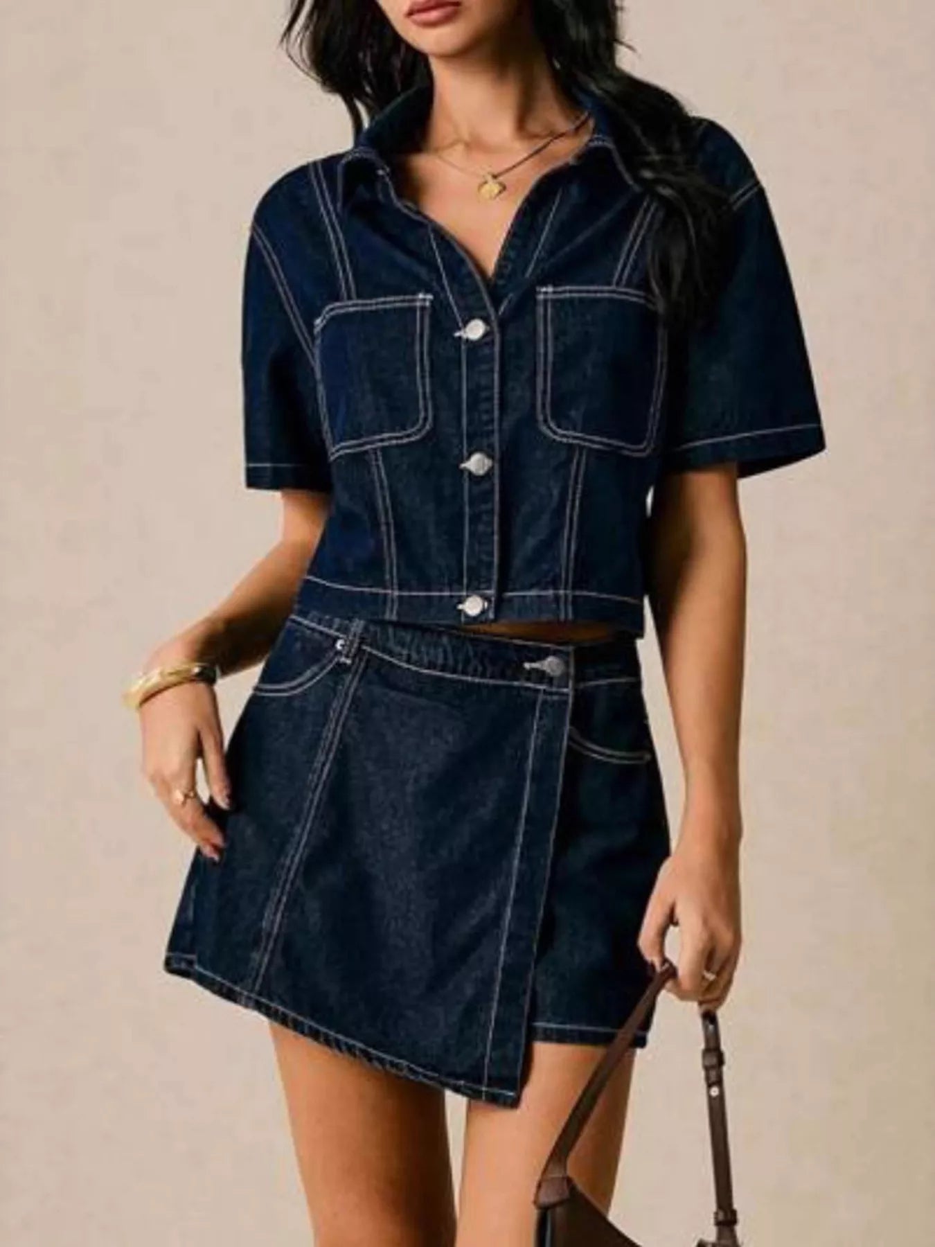 Sleeve Top and Skort Denim Set