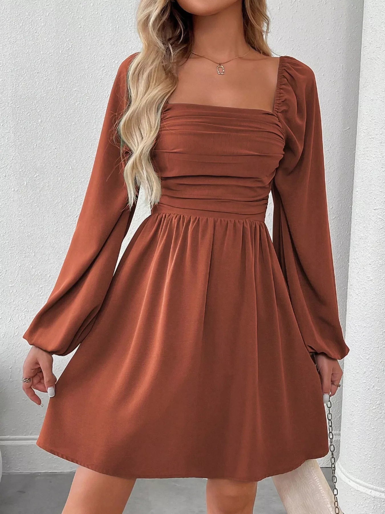 Shop Ruched Square Neck Long Sleeve A-Line Dress | Sass House of Sass Shop Ruched Square Neck Long Sleeve A-Line Dress | Sass House of Sass