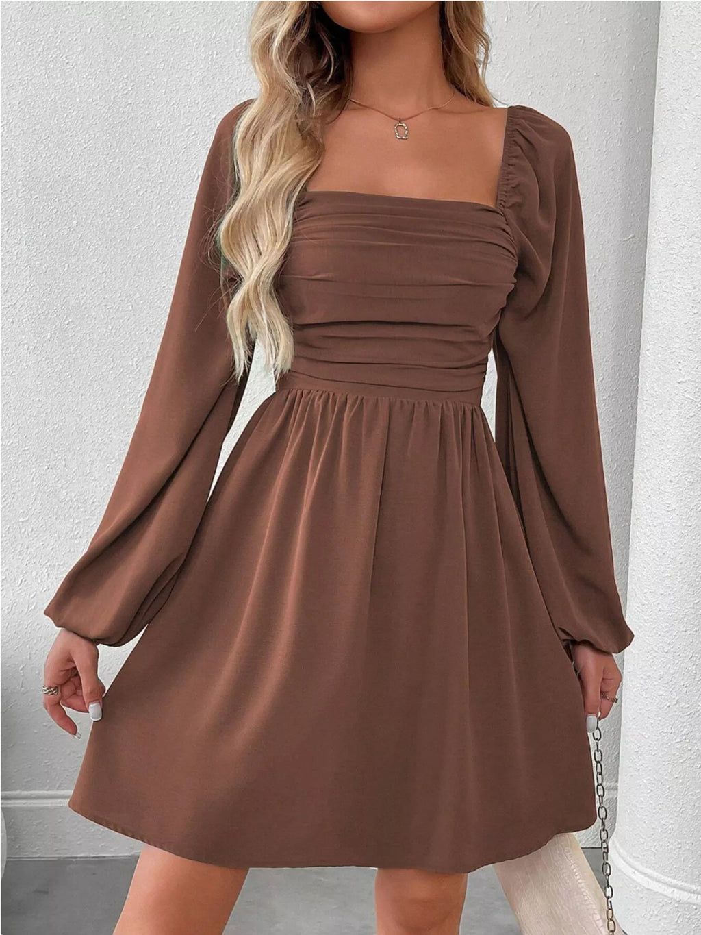Brown Long Sleeve A-Line Dress