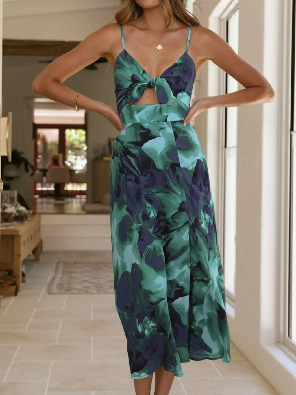 Print Tie-Front Slit Midi Dress