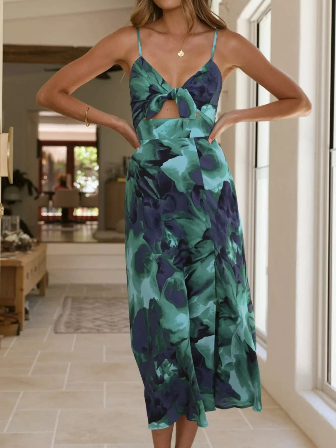 Print Tie-Front Slit Midi Dress
