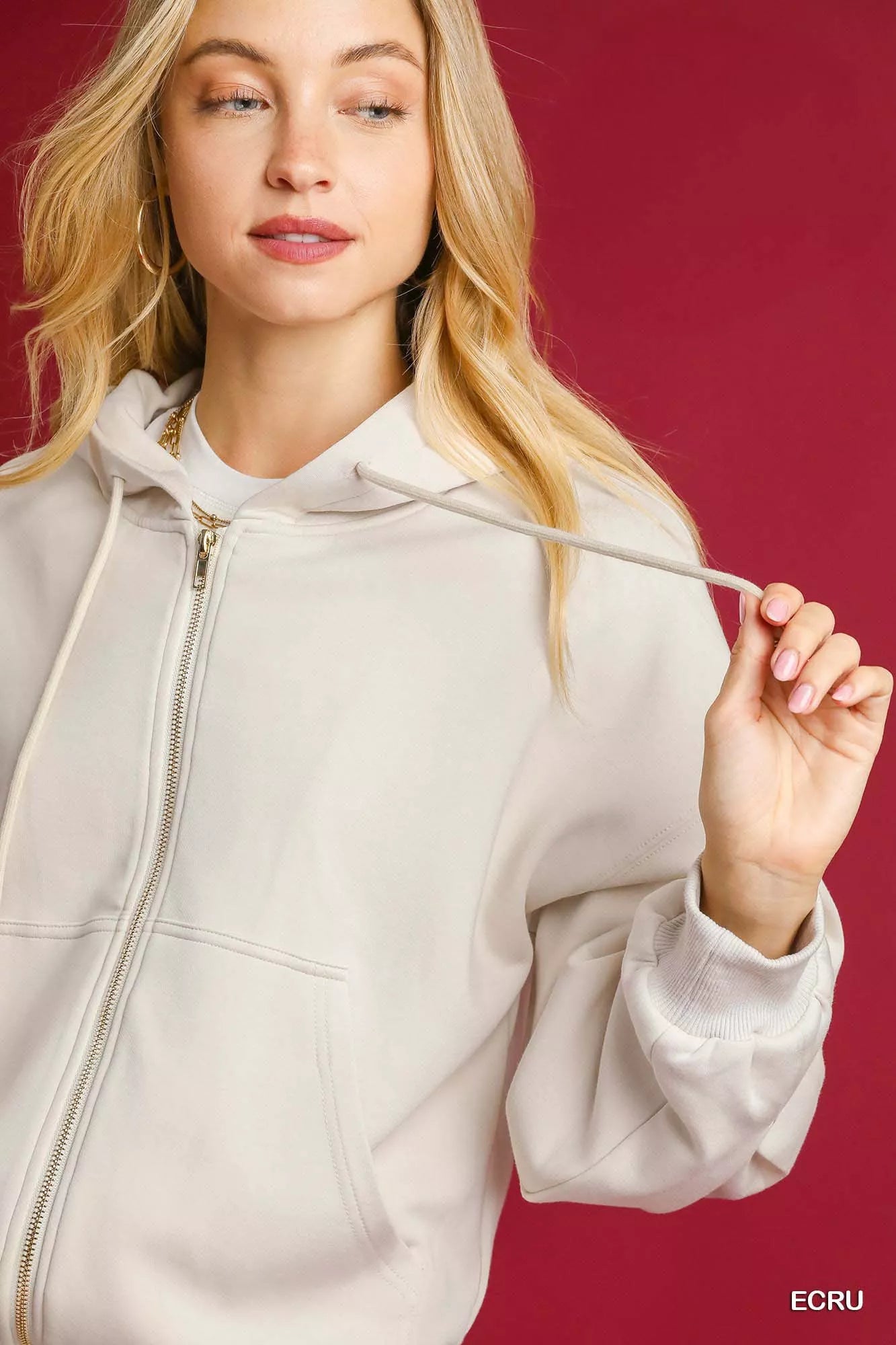 Umgee Zip-Up Fleece Hooded White Jacket
