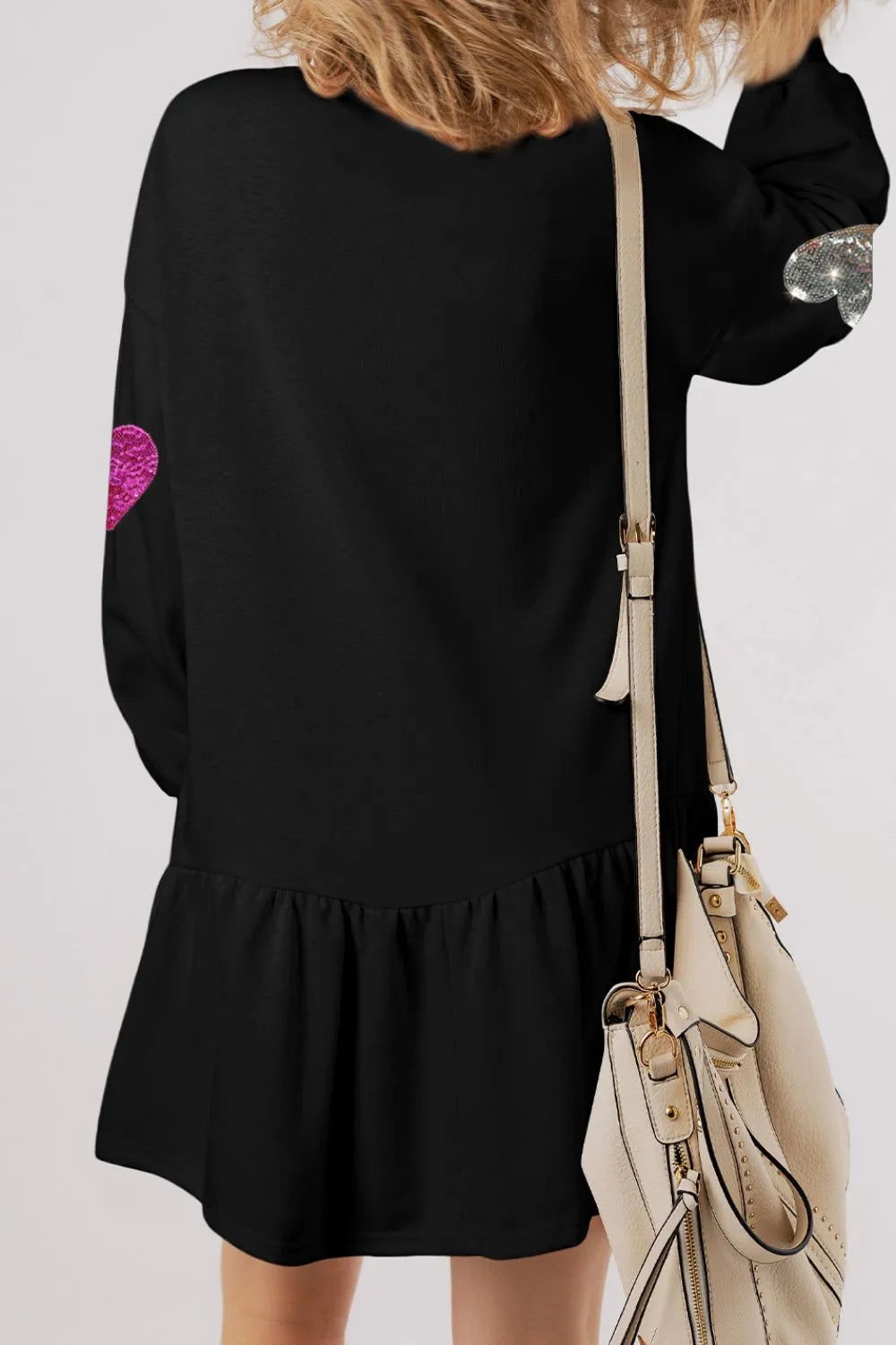  Round Neck Long Sleeve Mini Dress (Black)