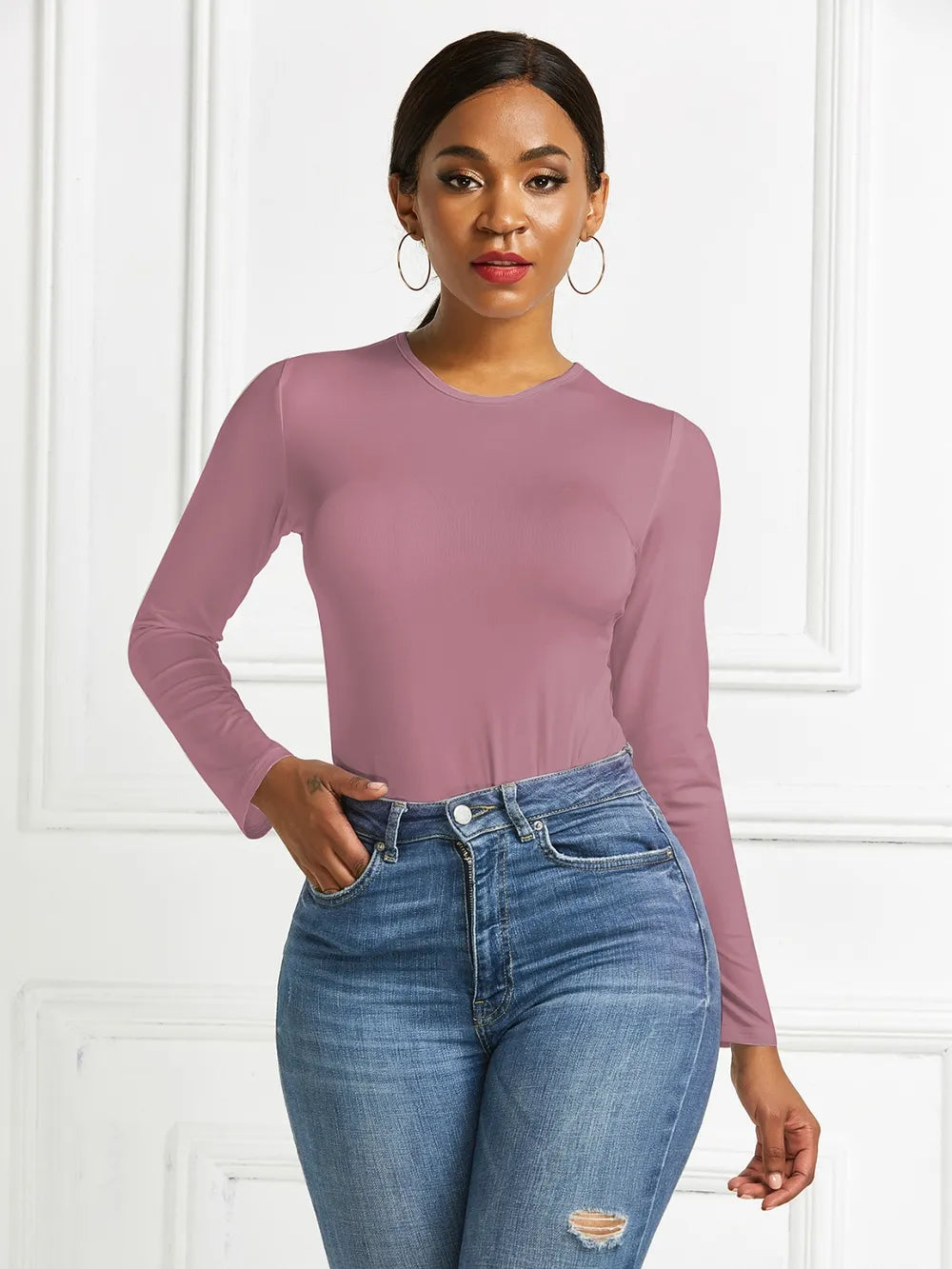 Pink  Neck Long Sleeve Bodysuit