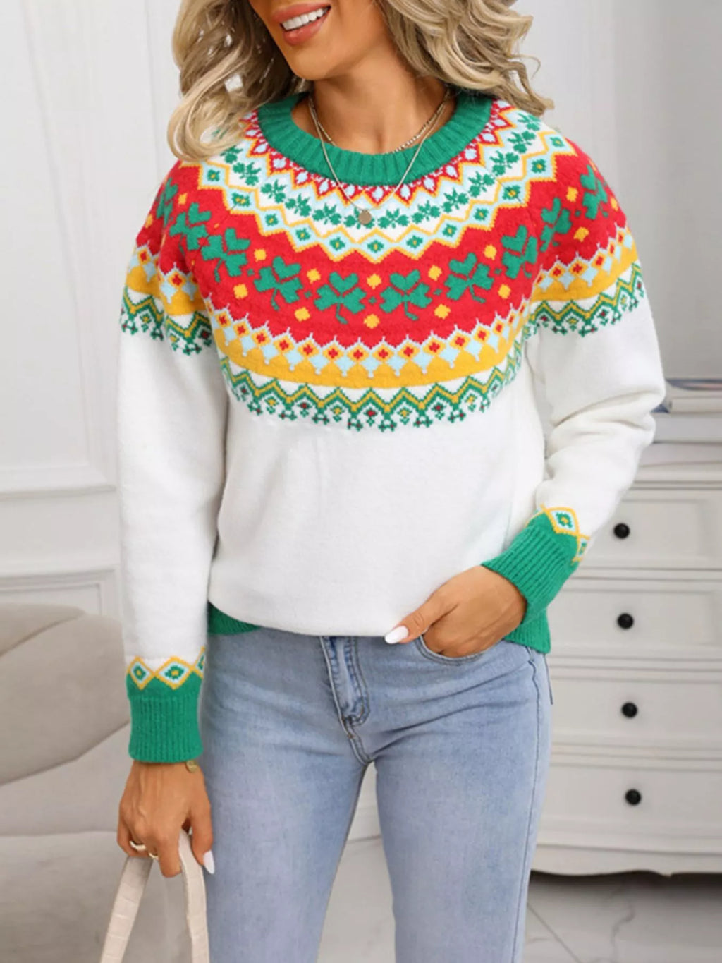 Clover Pattern Round Sweater