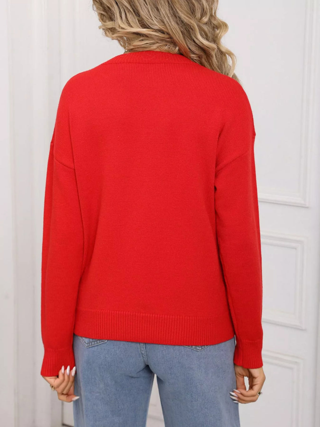 Red Valentine's Day Heart Round Neck Dropped Shoulder Sweater
