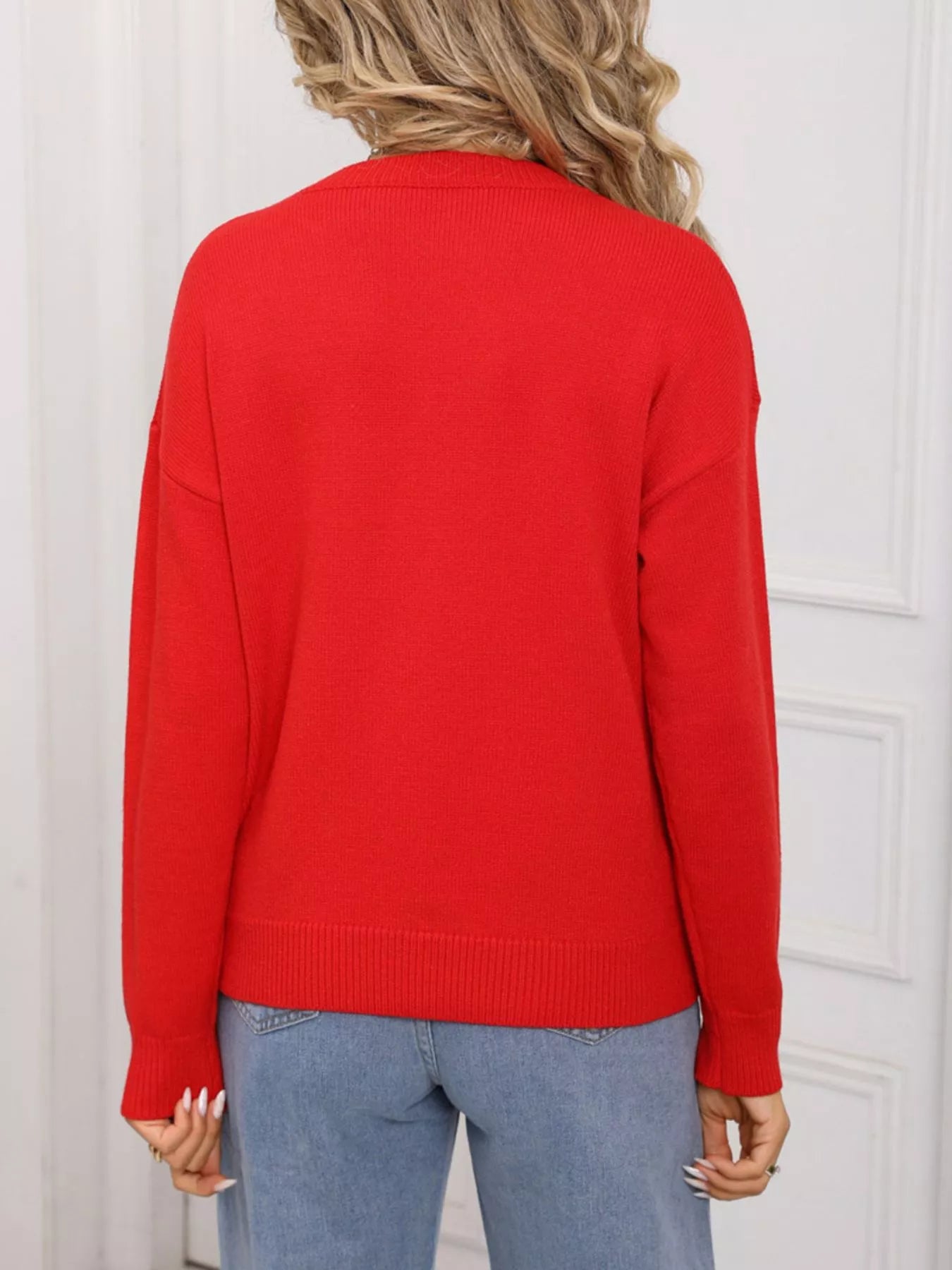 Red Valentine's Day Heart Round Neck Dropped Shoulder Sweater