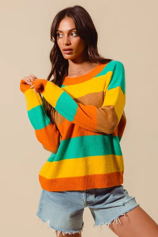 Multi Color Stripe Sweater with Ribbed Detail