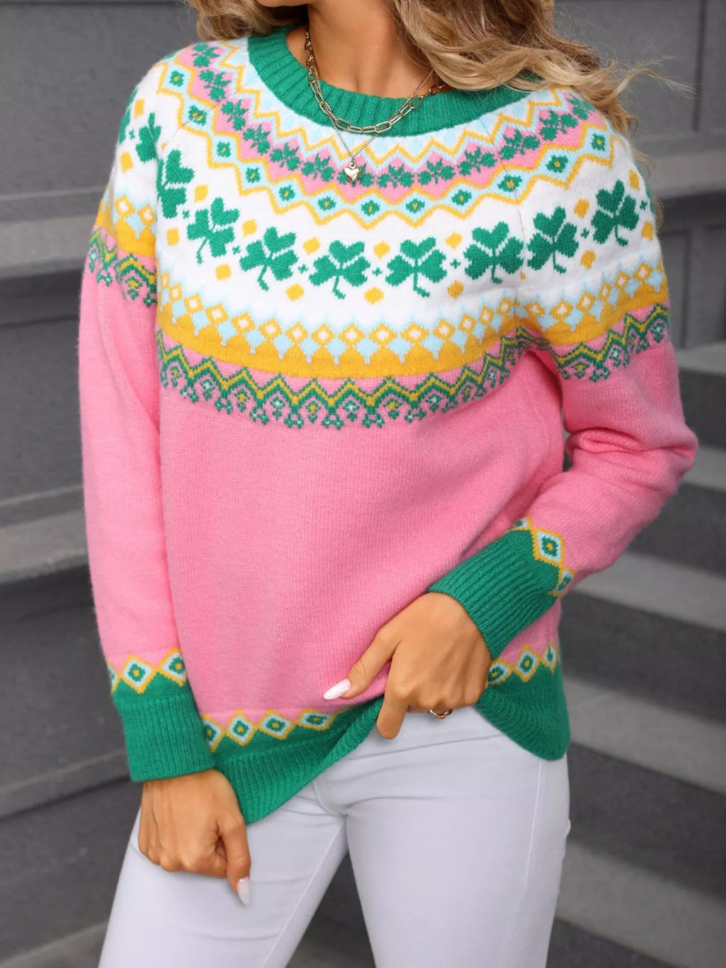Pattern Round Neck Knitted Sweater