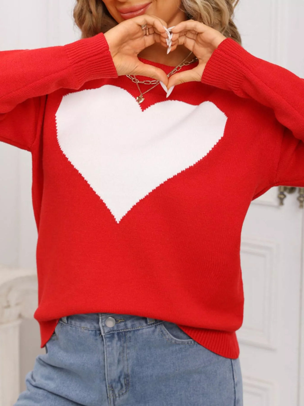 Sweet Heart Round Neck Dropped Shoulder Sweater