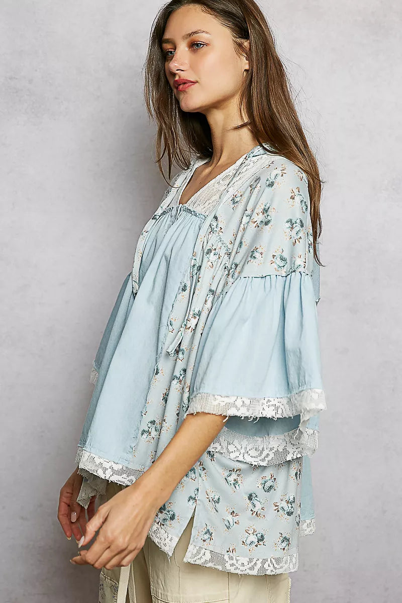 POL Floral Patch Blouse with Lace Detail