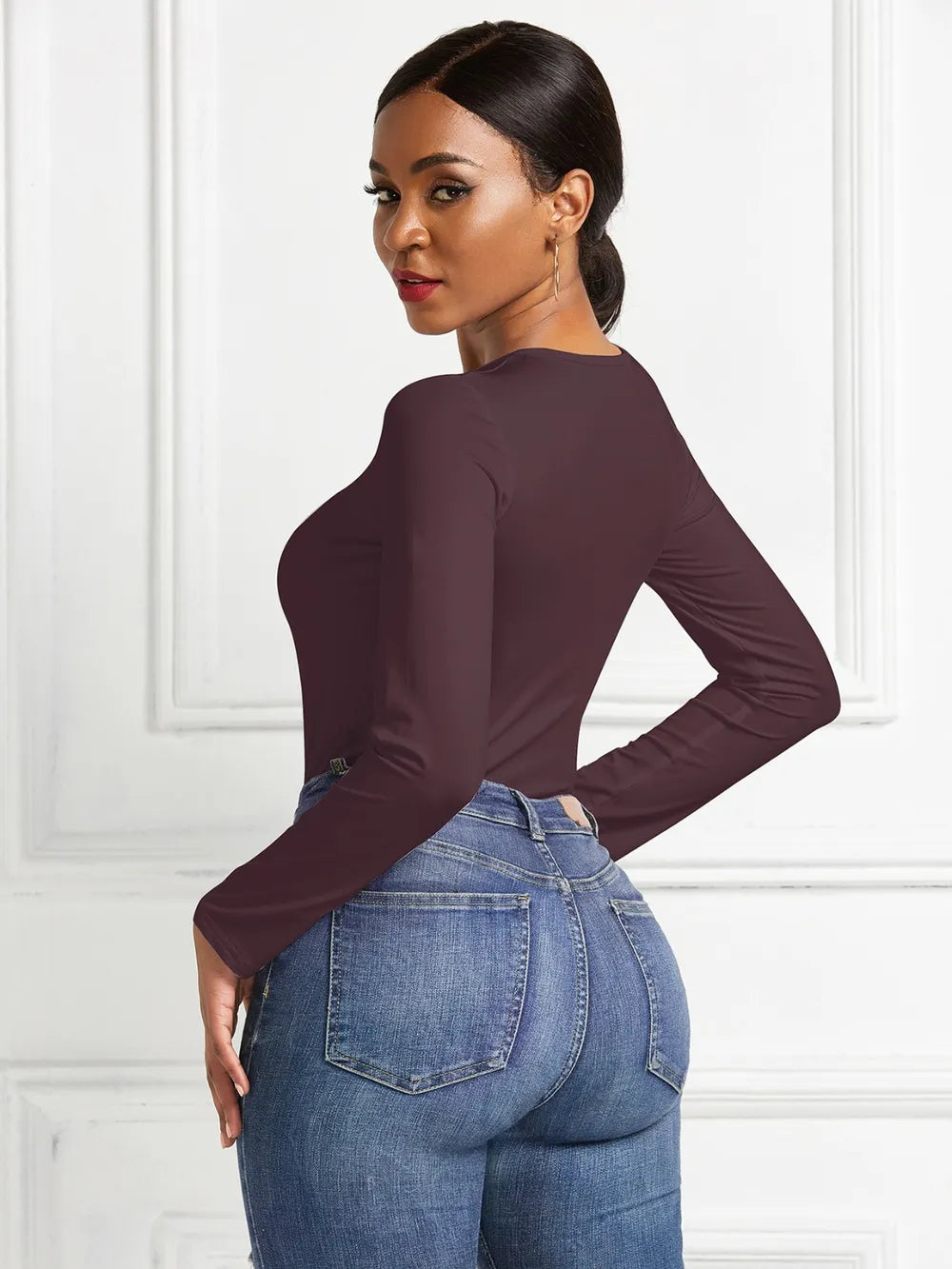 Round Neck Long Sleeve Bodysuit purplish