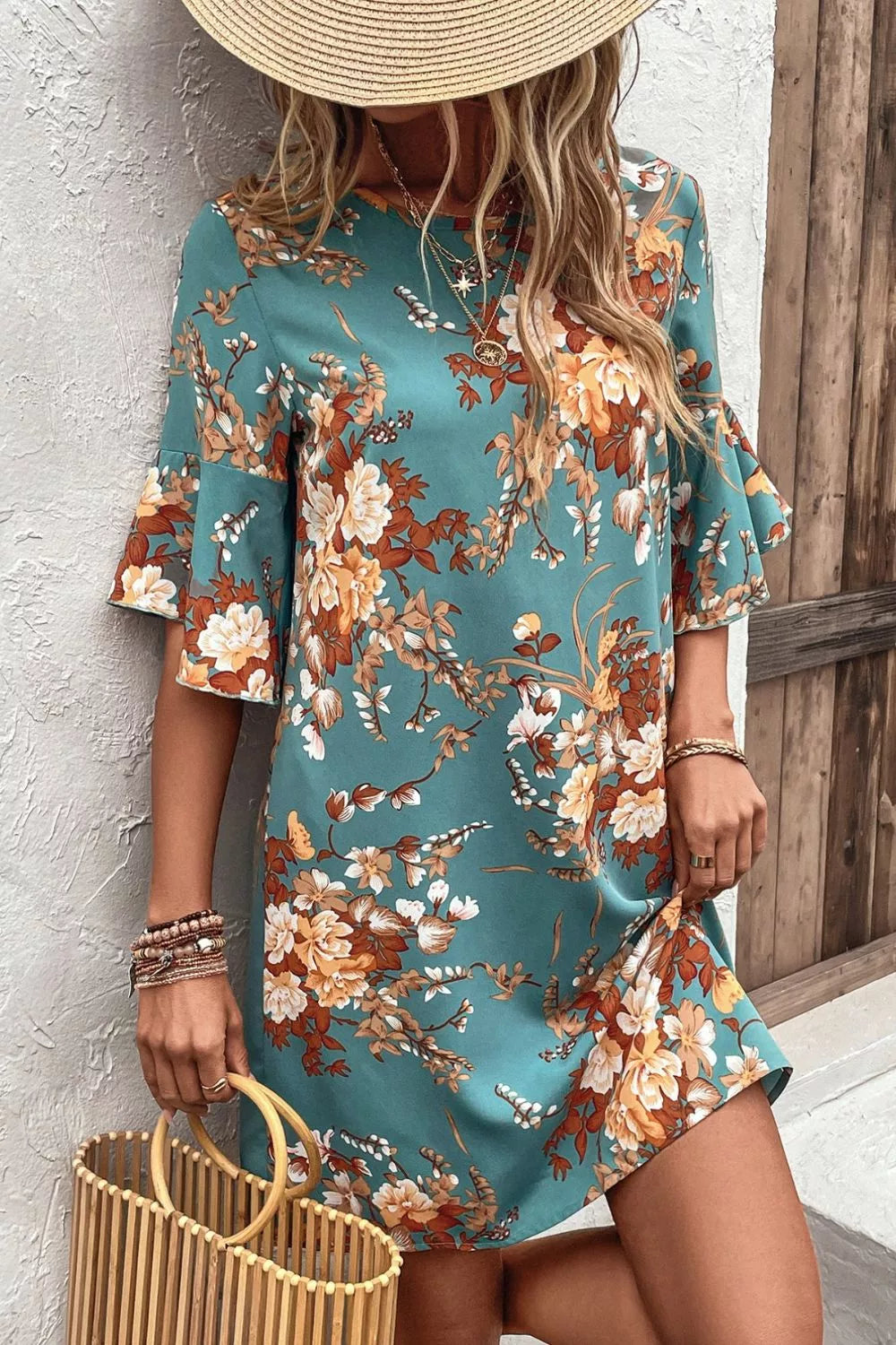 Print Flounce Sleeve Casual Dress