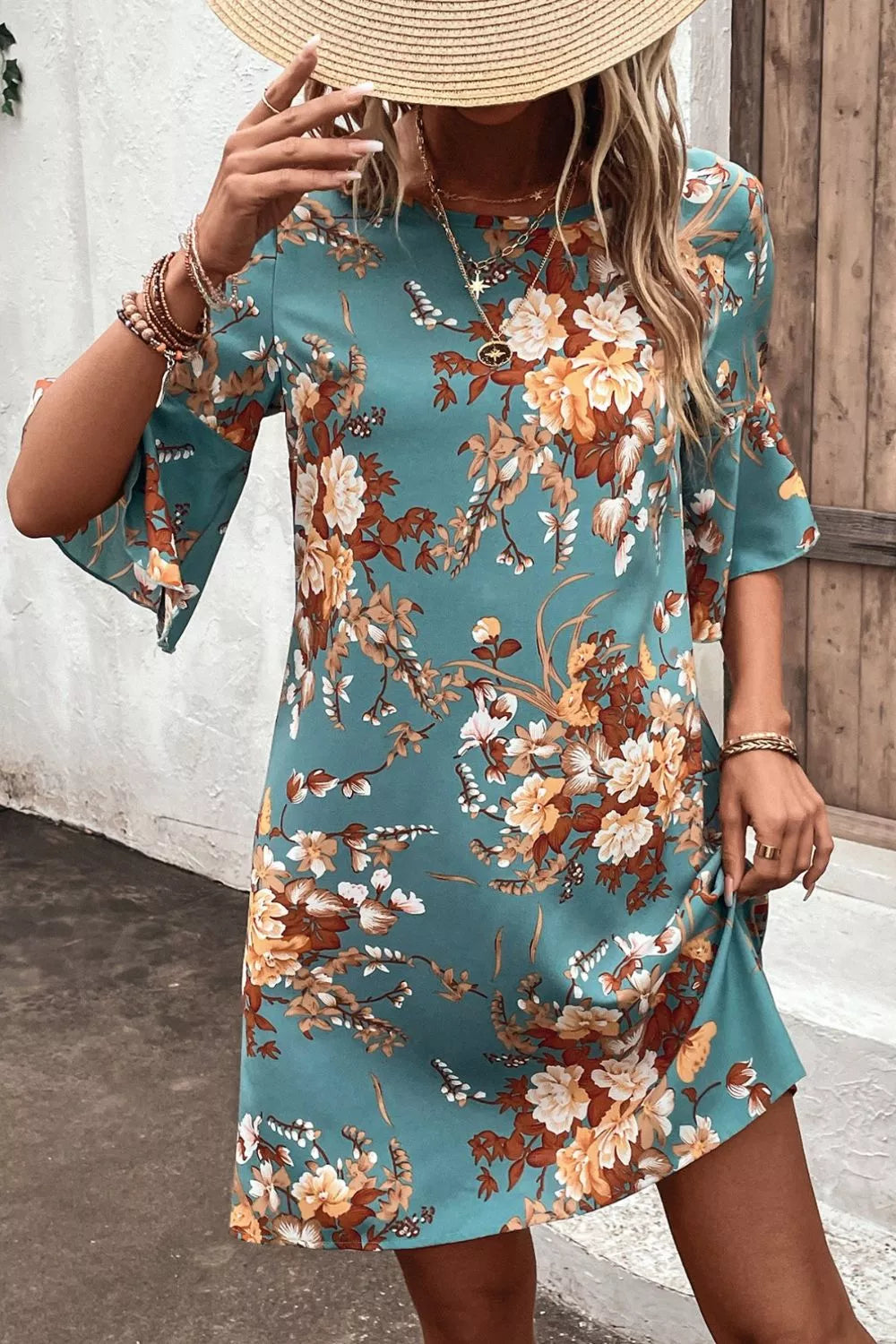 Shop Floral Print Flounce Sleeve Casual Dress