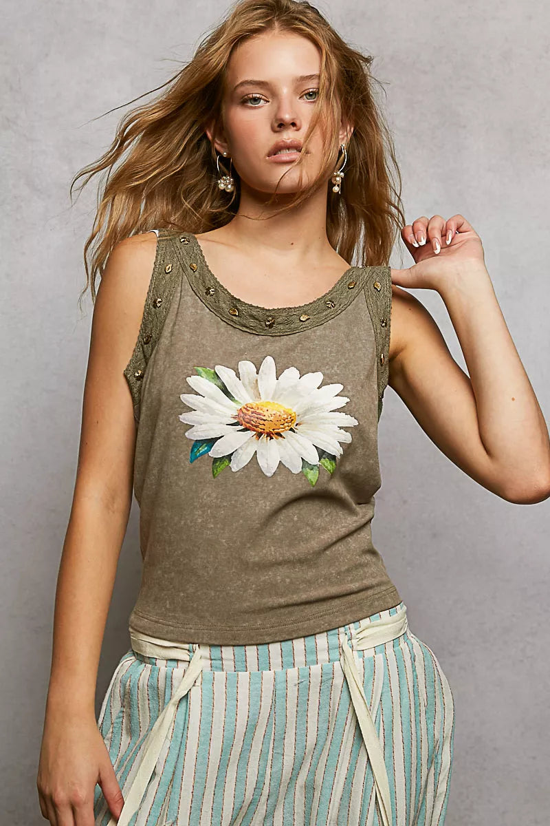 POL Washed Floral Stud Round Neck Slim Tank Soft Jersey