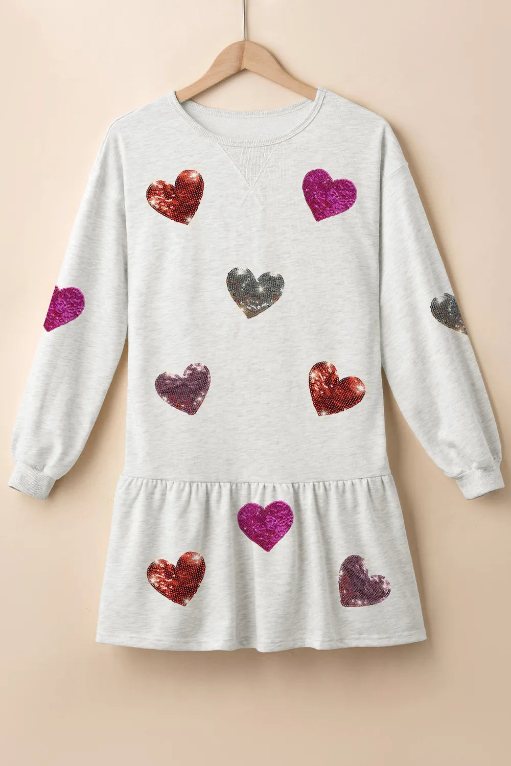Sequin Heart Round Neck Long Sleeve 