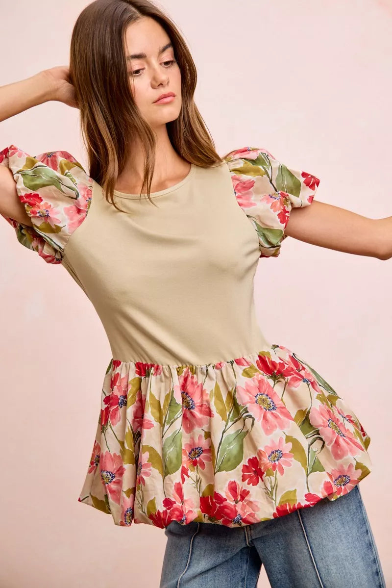 BiBi Printed Bubble Sleeves and Hem Peplum