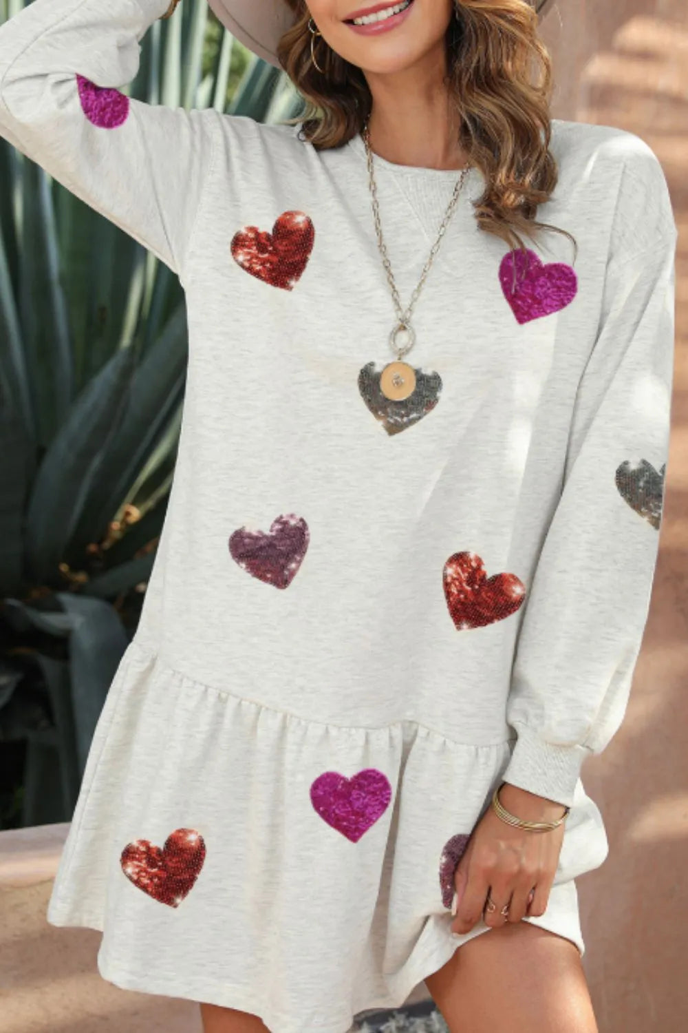 Sequin Heart Round Neck Long Sleeve Mini Dress For Women's