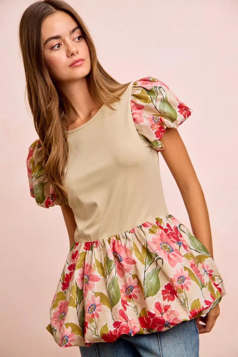 Floral Printed Bubble Sleeves 