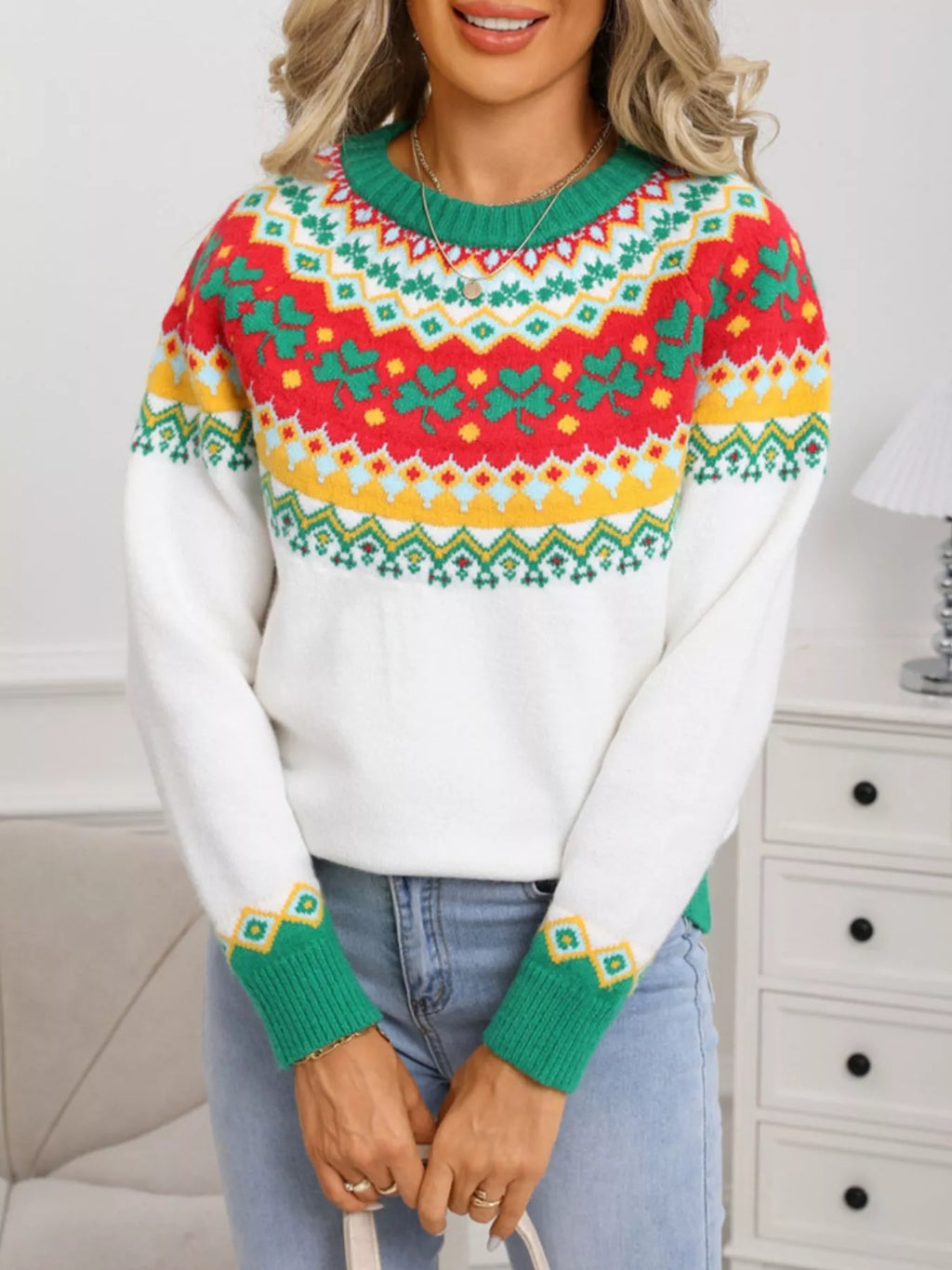 Shop Clover Pattern Round Neck Knitted Sweater