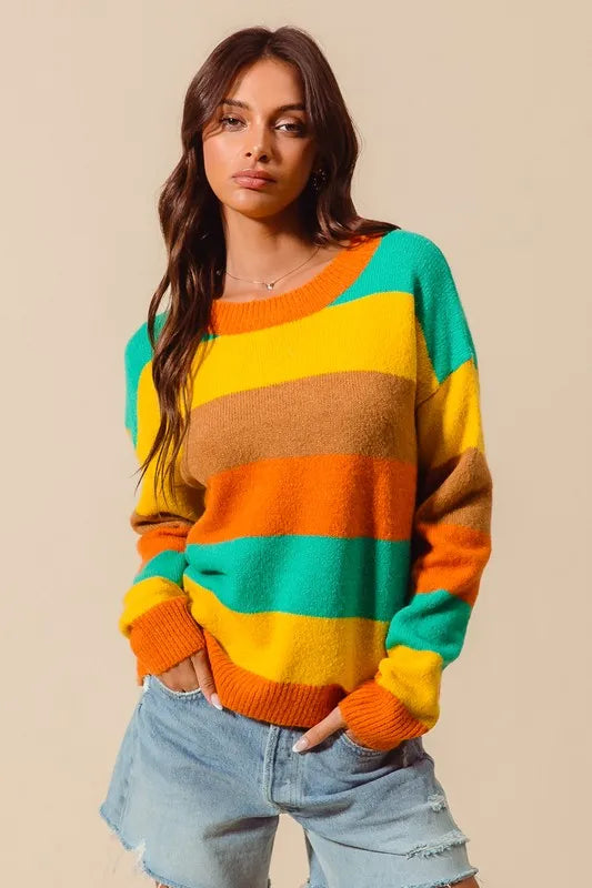 SO ME Multi Color Stripe Sweater with Ribbed Detail