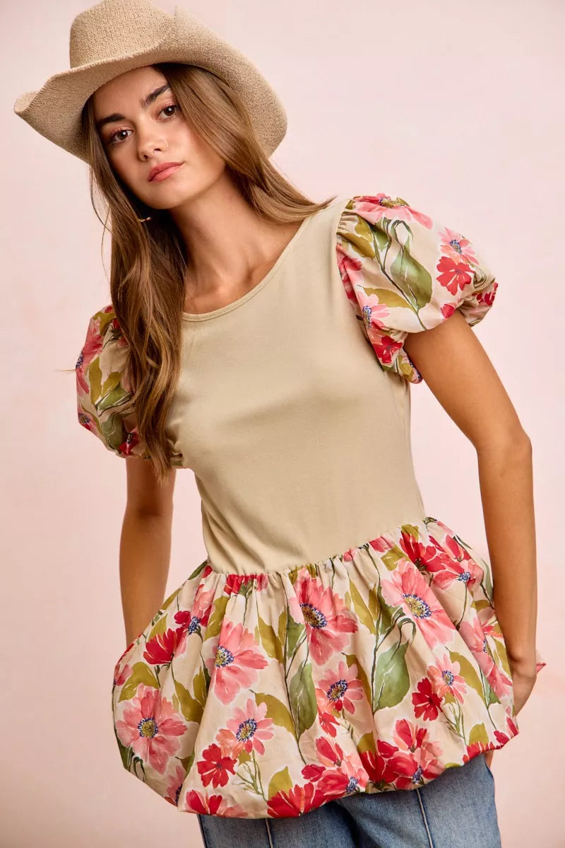 BiBi Floral Printed Sleeves and Hem Peplum Top