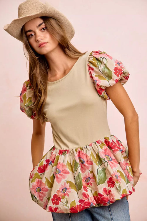 BiBi Floral Printed Sleeves and Hem Peplum Top