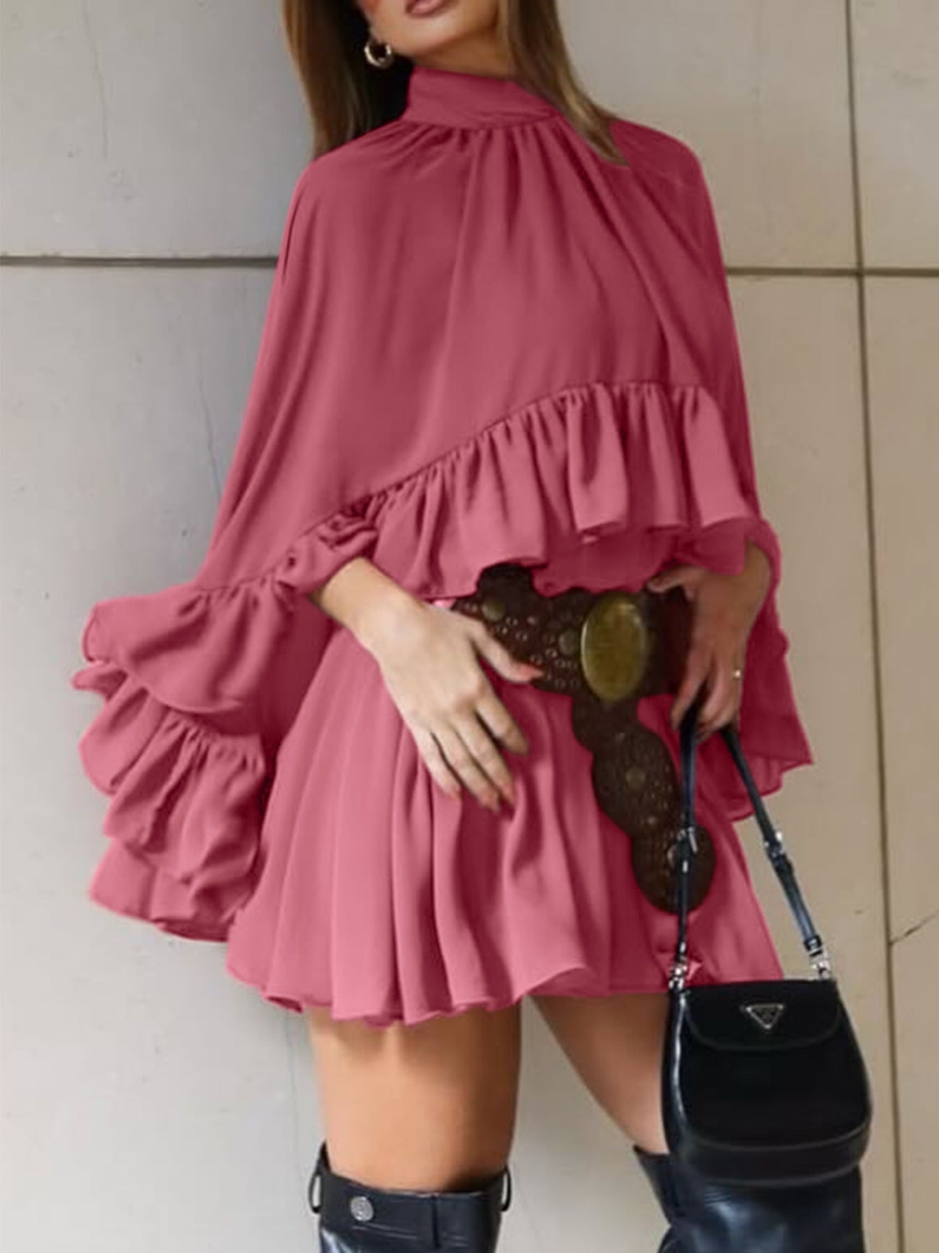 Buy Ruffle Trim High Neck Mini Dress