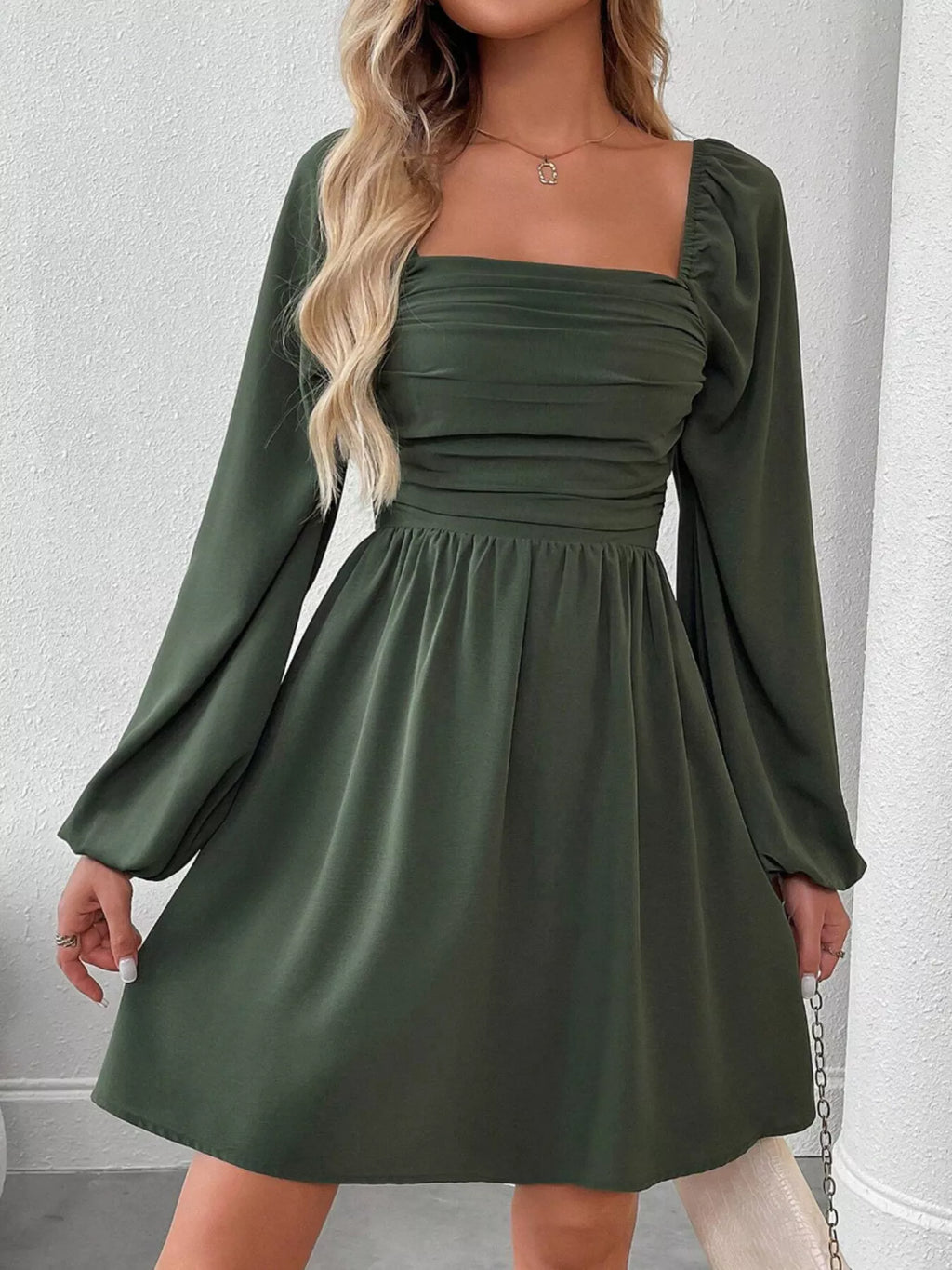 Green Ruched Square Neck Long Sleeve A-Line Dress