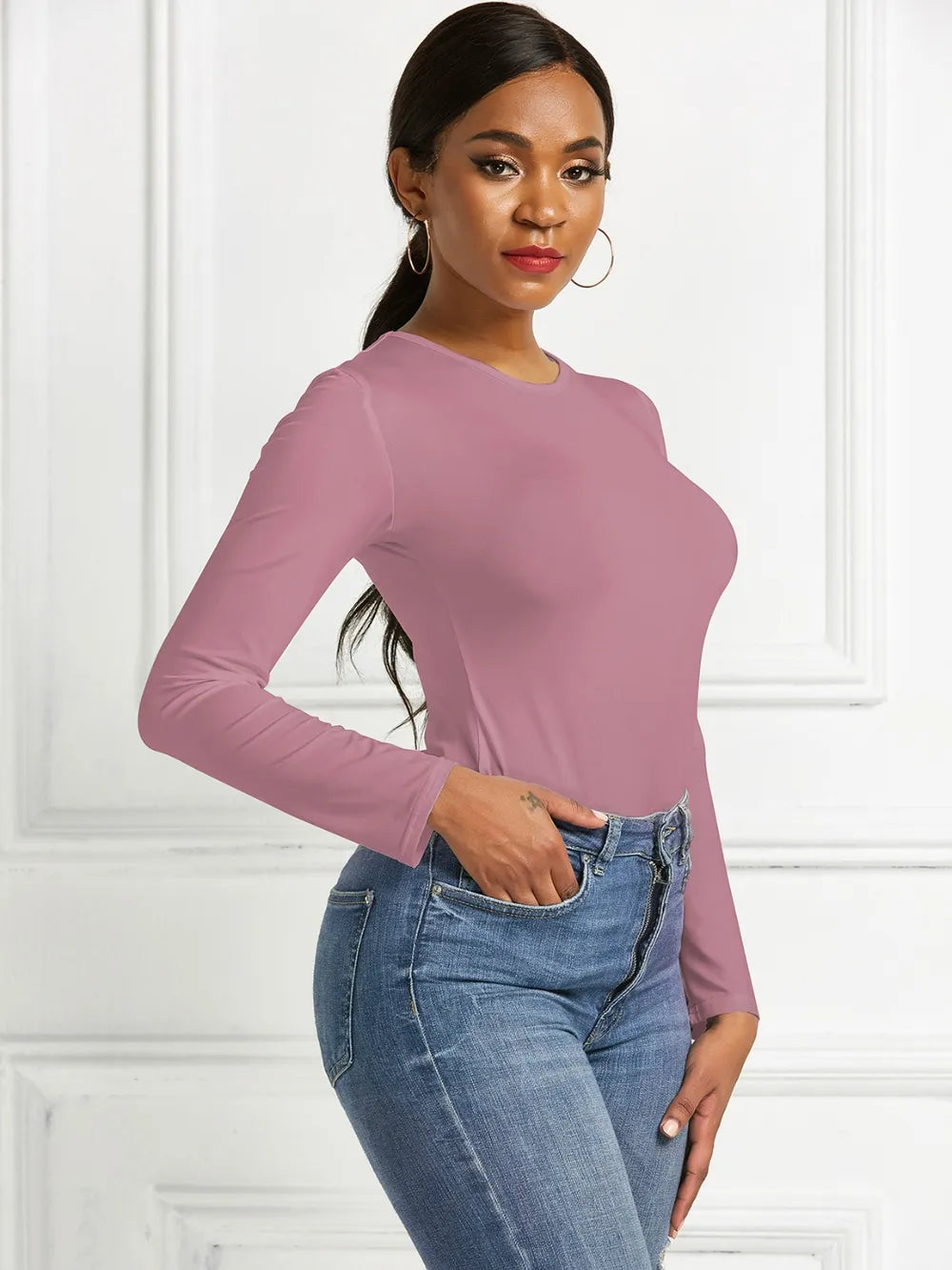 Best Pinky Round Neck Long Sleeve Bodysuit