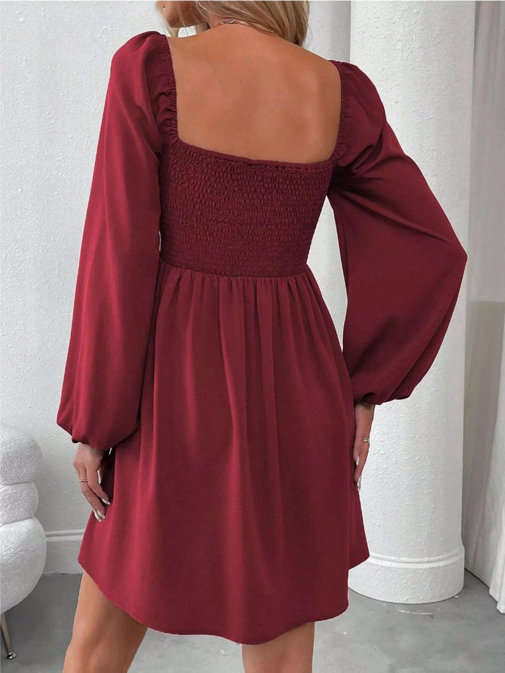 Ruched Square Neck Long Sleeve Dress